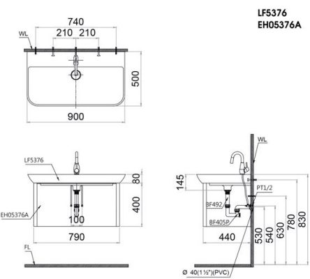 Bản vẽ kỹ thuật Bộ Tủ Lavabo Caesar Treo Tường LF5376/EH05376AV