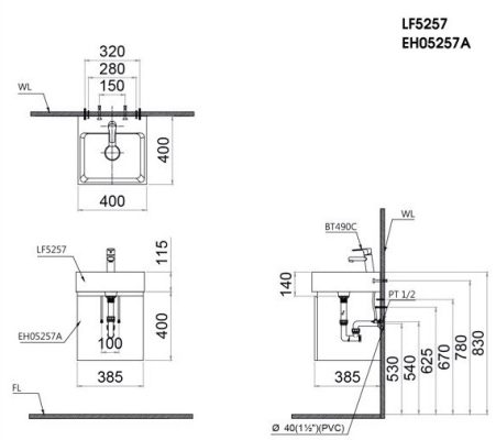 Bản vẽ kỹ thuật tủ chậu lavabo Caesar LF5257 EH05257A 
