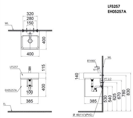 Bản vẽ kỹ thuật tủ chậu lavabo caesar LF5257 EH05257A