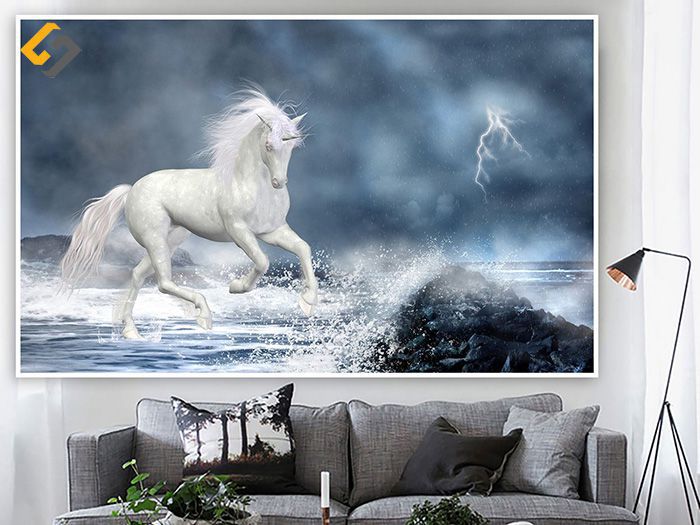 Tranh gạch ngựa trắng 3D ốp tường phòng khách thể hiện tính nghệ thuật