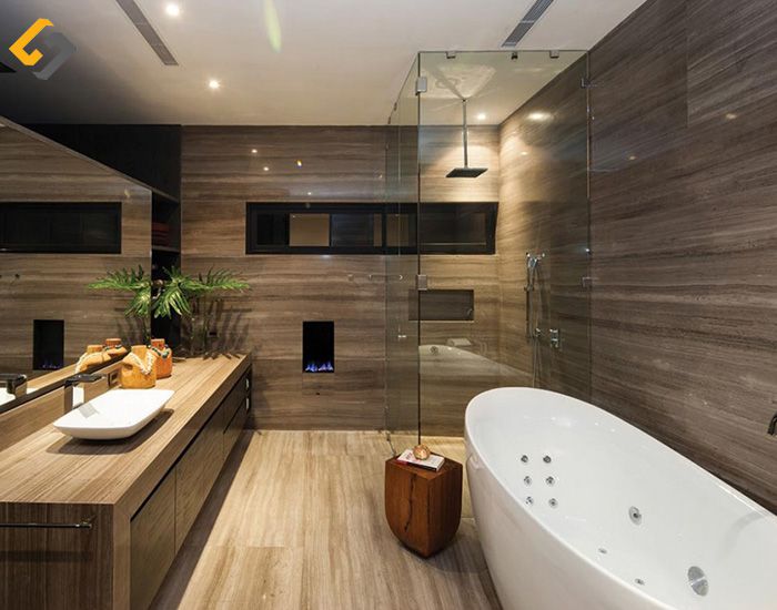 Gạch lát nền vân gỗ đẹp dành cho không gian phòng tắm vô cùng nổi bật