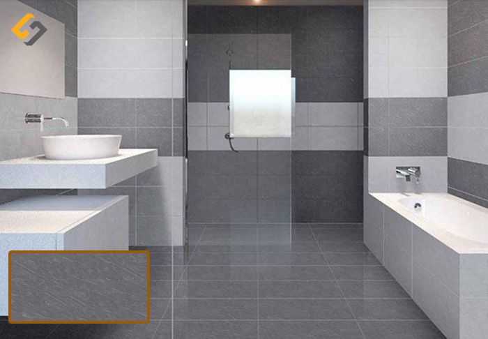 Phòng tắm với gam màu trầm tạo nên góc lịch sự, trang nhã, phá cách với cách sử dụng gạch so le tông màu