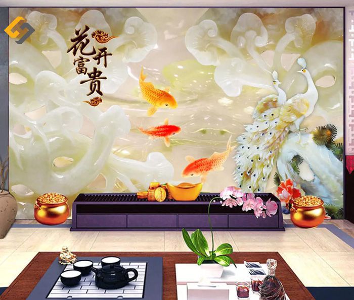 Gạch giả ngọc thạch với hoạ tiết vô cùng sinh động với những chú cá và đôi công tuyệt đẹp