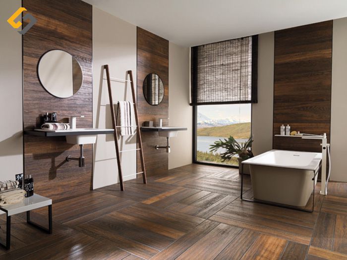 Phá cách với không gian phòng tắm bởi màu sắc của vân gỗ