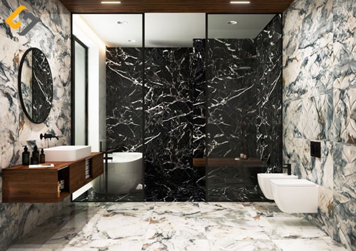 Gạch vân đá đen tạo nên nét nghệ thuật cho căn phòng tắm