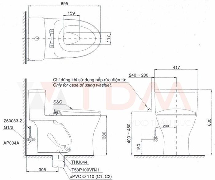 Bản vẽ kỹ thuật Bồn Cầu Điện Tử TOTO MS885CDW12