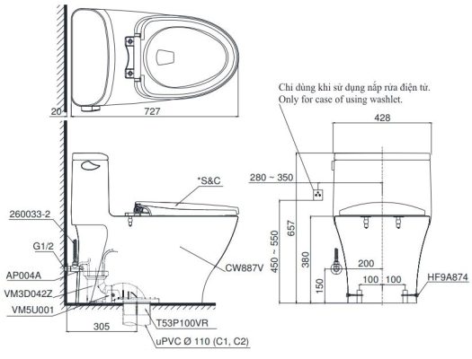 Bản vẽ kỹ thuật Bàn cầu TOTO kết hợp nắp rửa WASHLET dòng S7 MS885DRW11