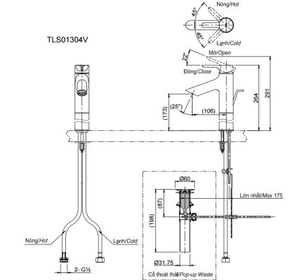 Bản vẽ kỹ thuật vòi nước TOTO TLS01304V nóng lạnh