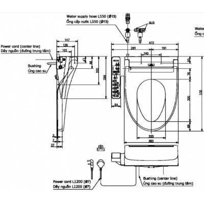 Bản vẽ kích thước nắp rửa Washlet TOTO TCF 24460 AAA