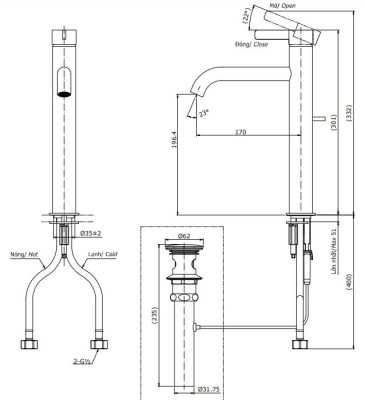 Bản vẽ kỹ thuật vòi nước TOTO nóng lạnh TLG11305 V 