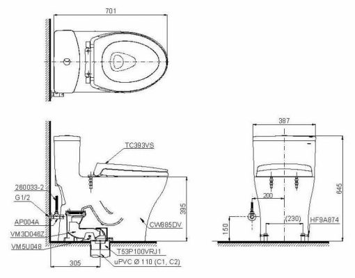 Bản vẽ kỹ thuật Bàn cầu TOTO kết hợp nắp rửa Washlet dòng C2 MS885CD17