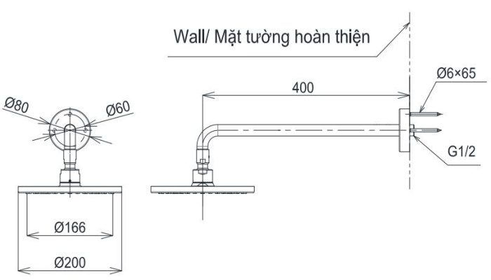 Bản vẽ bát sen tắm TBW 07001A TOTO gắn tường 200 mm