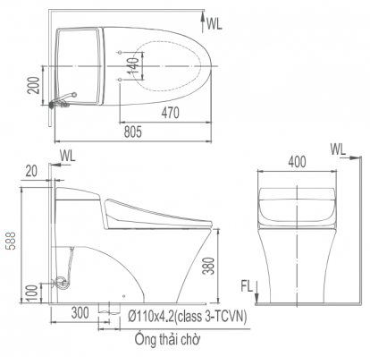 Bản vẽ bệt inax AC 1017 nắp điện tử CW-KA22 AVN