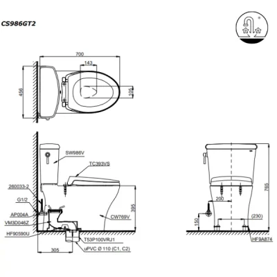 Bản vẽ kỹ thuật của bàn cầu TOTO 2 khối CS986GT2
