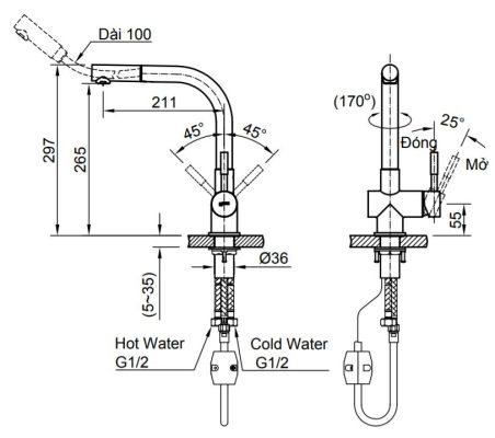 Bản vẽ kỹ thuật vòi bếp nóng lạnh INAX SFV 1013SX