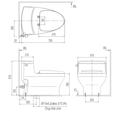 Bản vẽ bệ xí bệt Inax 4005 xả nhấn nắp êm