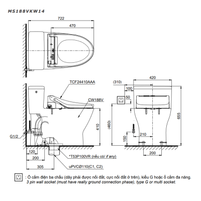 Bản vẽ kỹ thuật Bồn cầu MS188 VKW14 nắp washlet đa chức năng